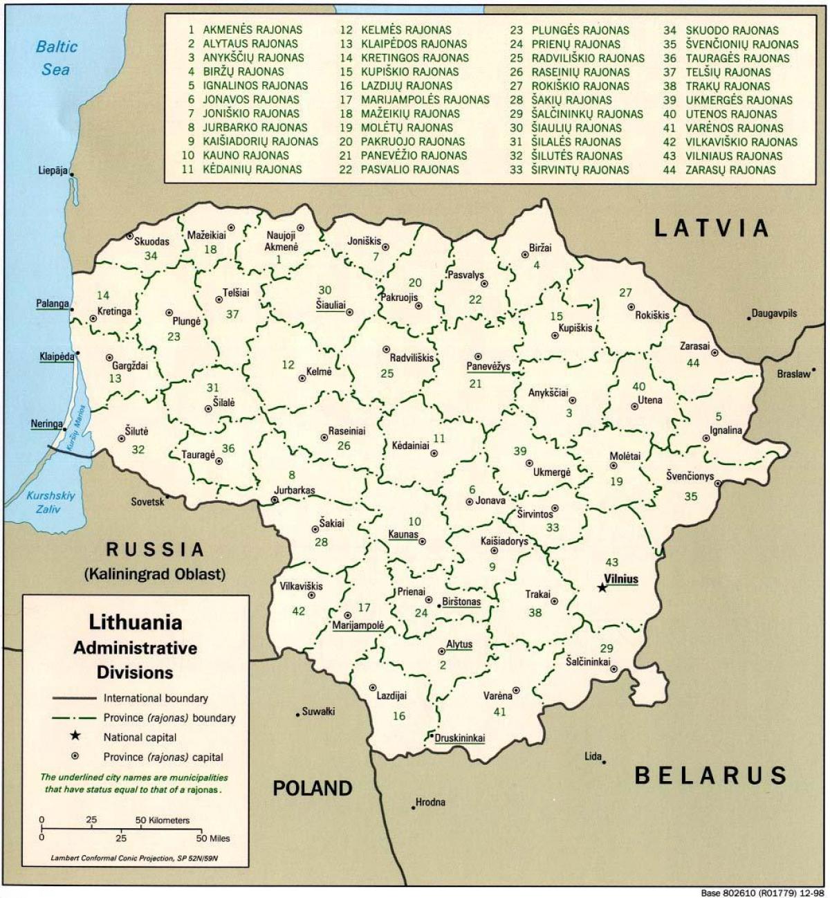 מפה של מפת ליטא עם ערים